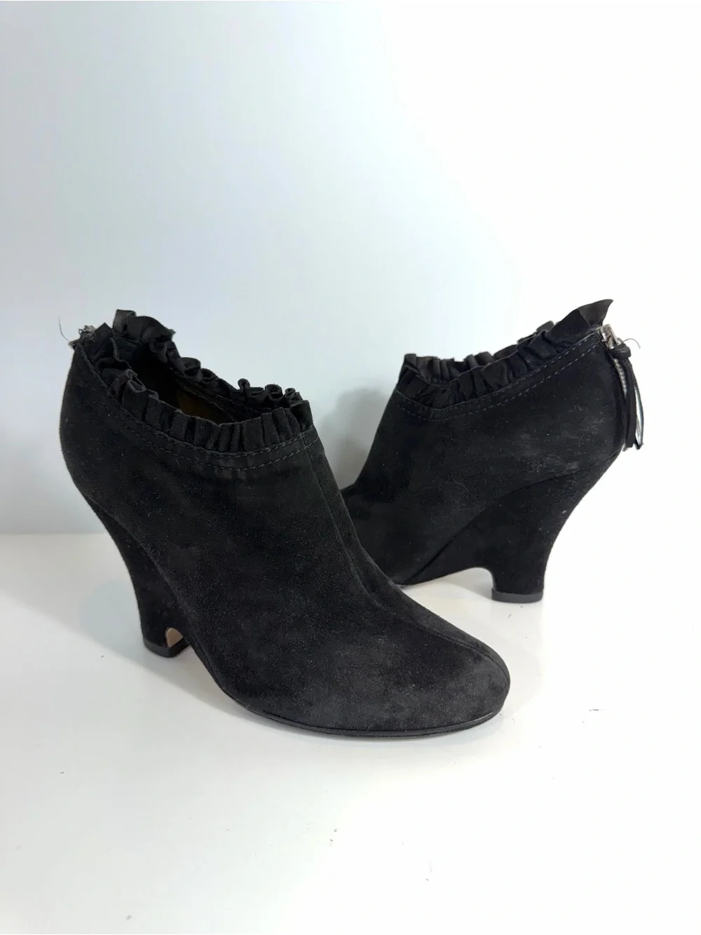 Miu Miu Black Suede Ruffle Trim Sculpted Wedge Ankle Boots EU 36.5 / US 6.5